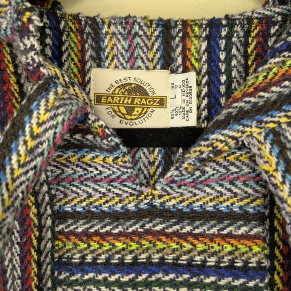 RARE VTG Earth Ragz Boho Hippie Reggae Rasta Poncho Drug Rug Striped Hoodie (L) - Picture 2 of 9
